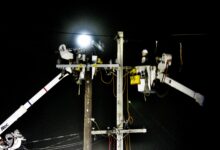 PG&E crews perform spectacular aerial repairs to pole and transformer across from Cal Fire in Fort Bragg
