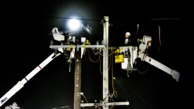 PG&E crews perform spectacular aerial repairs to pole and transformer across from Cal Fire in Fort Bragg
